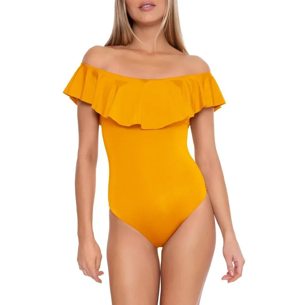 Trina Turk Women's Yellow Ruffle Bandeau One Piece Swim 12 NWT